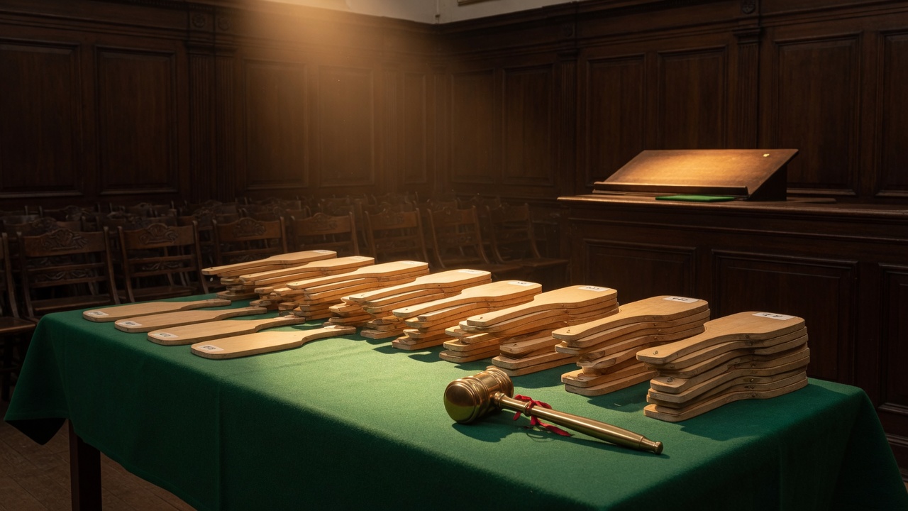 Auction paddles and gavel on green baize